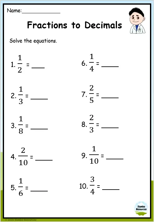 convert fraction to decimal worksheet