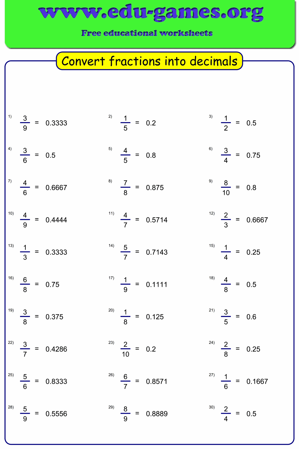 Convert fraction to decimal worksheet maker | Free Printable ...