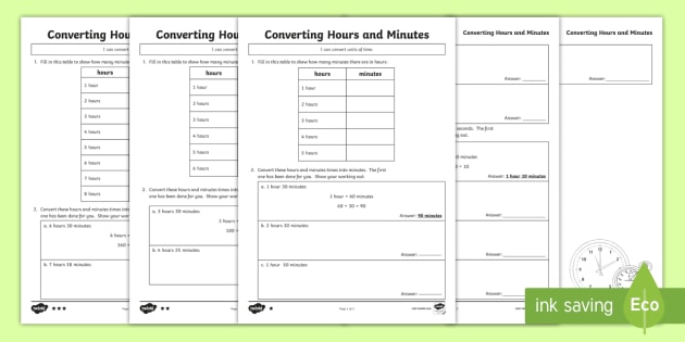 convert hours to minutes worksheet