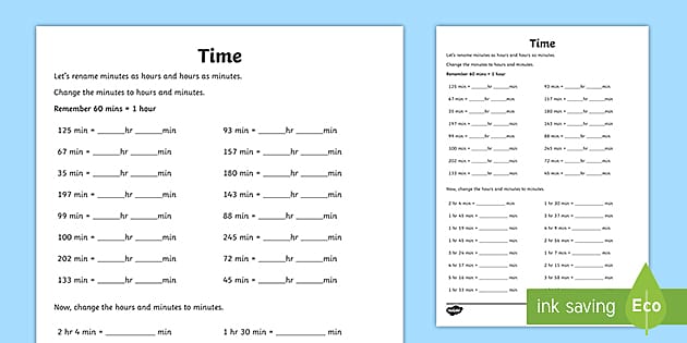 convert hours to minutes worksheet