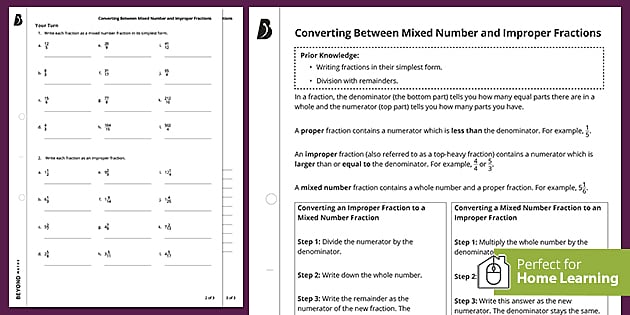 convert improper fraction to mixed number worksheet