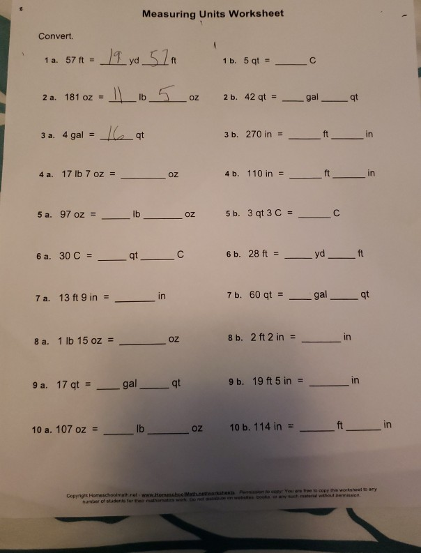 Solved Measuring Units Worksheet Convert. 12. 57 4 = 19 yd 5 ...
