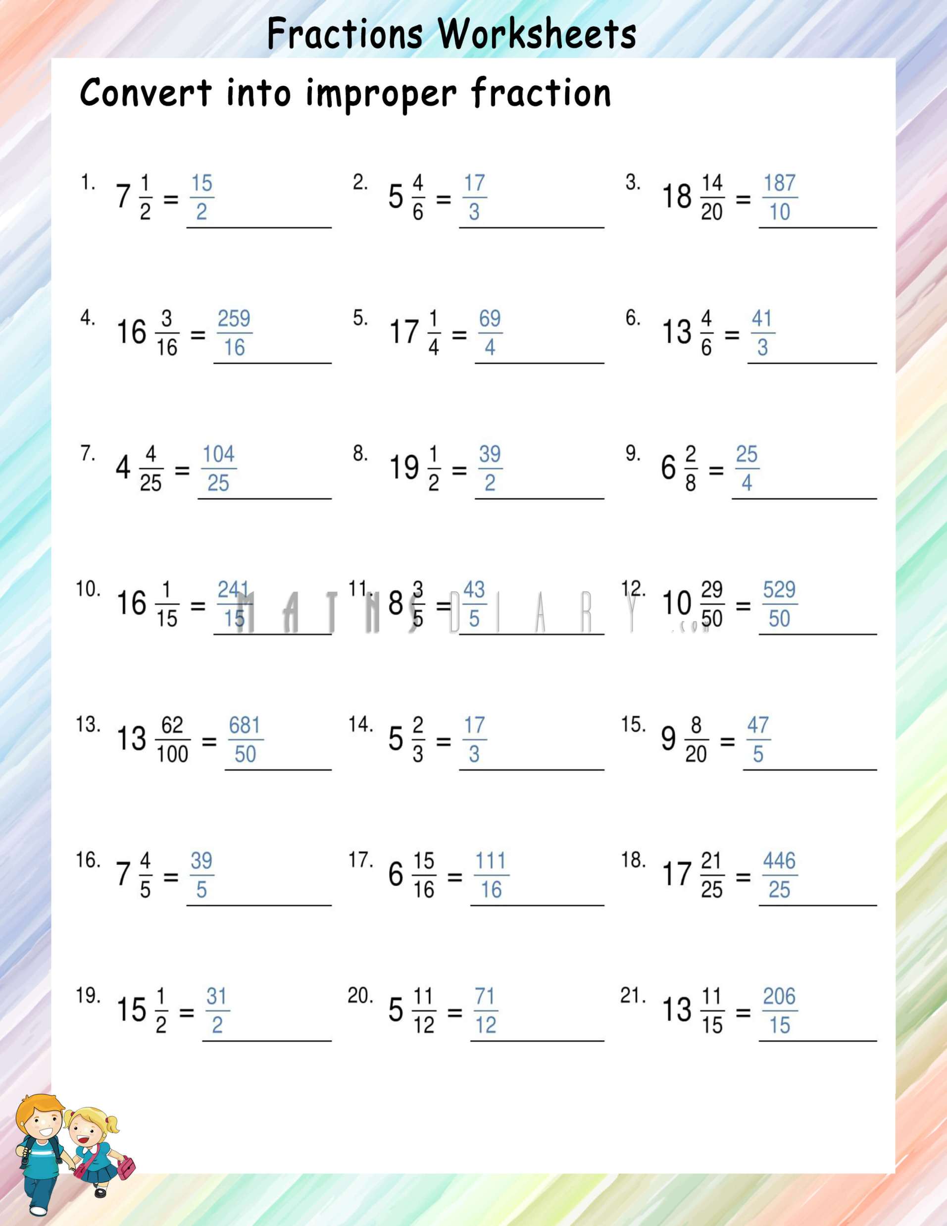 convert mixed number to improper fraction worksheet