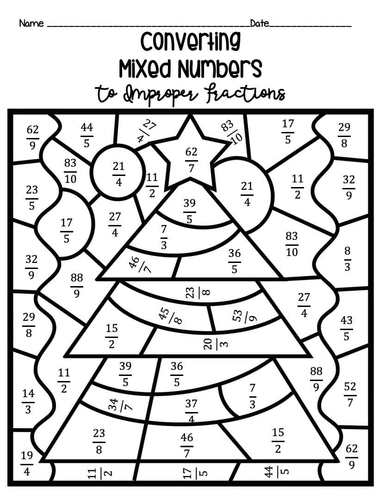 Christmas Converting Mixed Numbers to Improper Fractions Color by ...