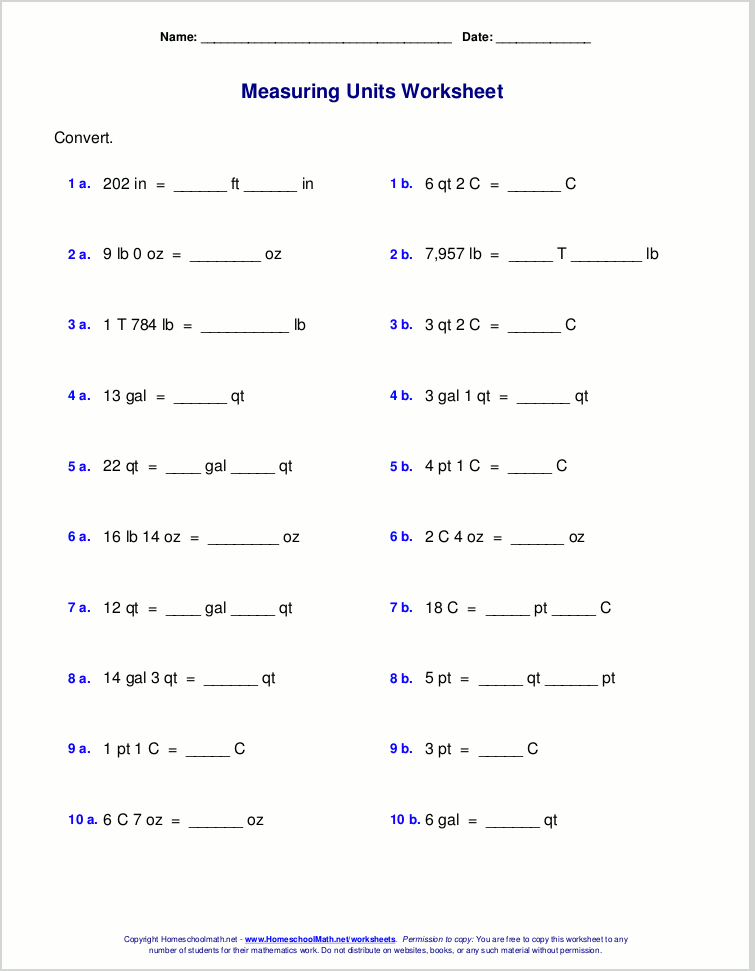 Customary measuring units worksheets