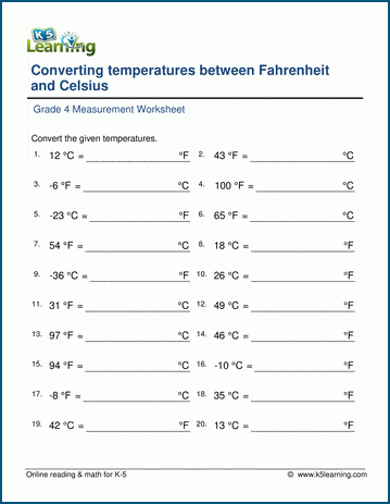 Grade 4 Temperature Worksheet: Convert between Fahrenheit and ...