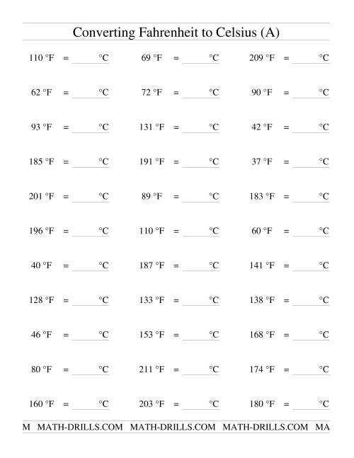 converting celsius to fahrenheit worksheet