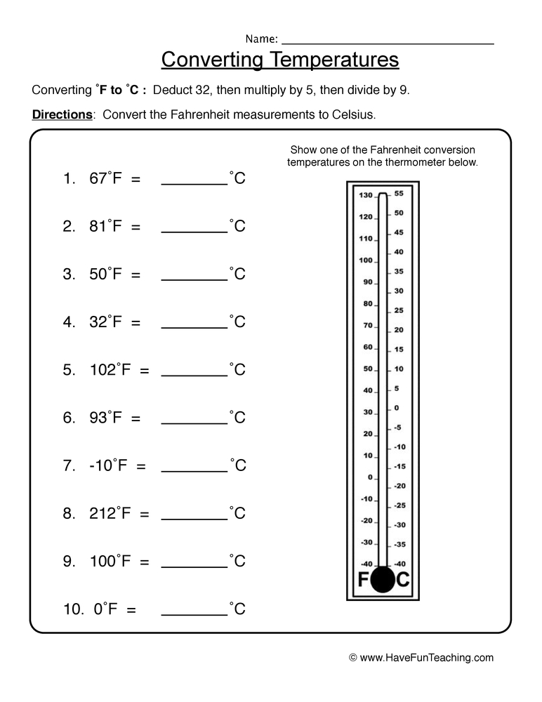 converting celsius to fahrenheit worksheet