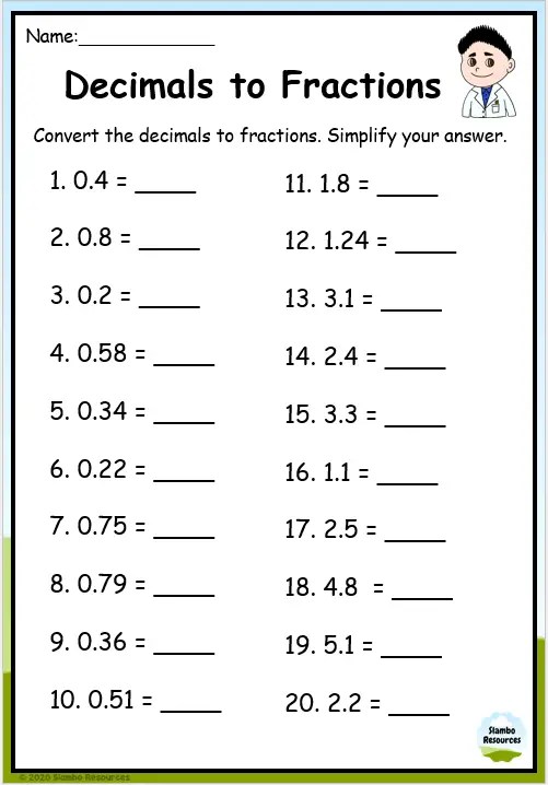 converting decimals into fractions worksheet