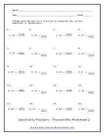 Converting Decimals to Fractions and Percentages Worksheets