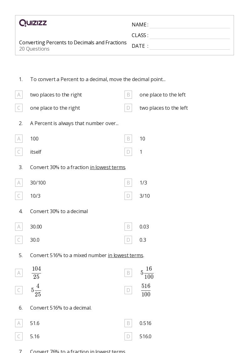 50+ Converting Decimals and Fractions worksheets for 6th Grade on ...