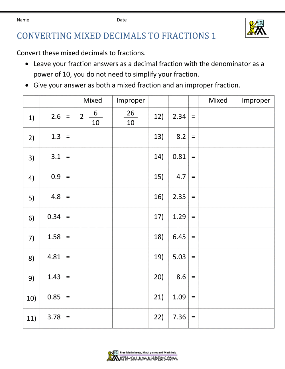 converting decimals to fractions worksheet 8th grade