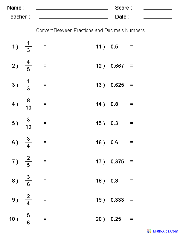 converting decimals to fractions worksheet 8th grade