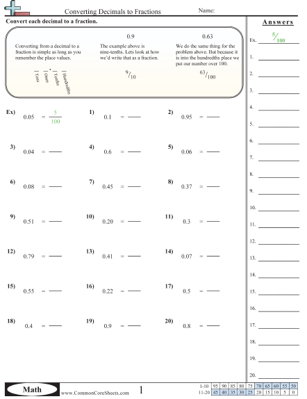 Converting Decimals to Fractions (10ths &  100ths) Worksheet | Free ...