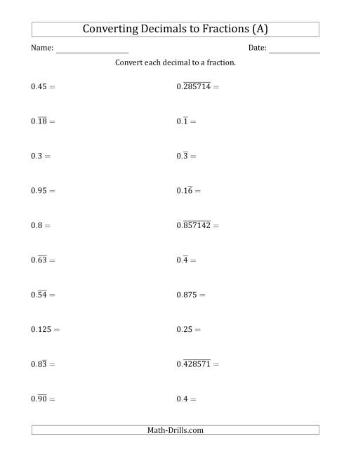 converting decimals to fractions worksheet with answers