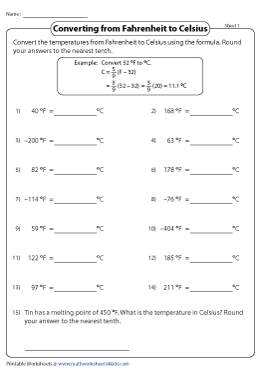 Convert between Celsius and Fahrenheit Worksheets