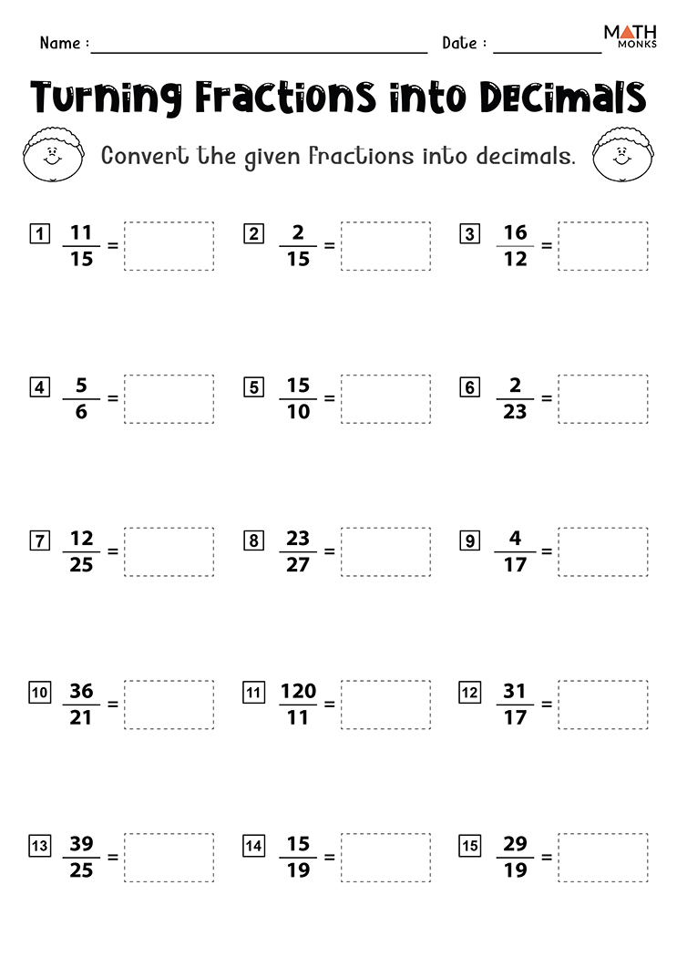 Converting Fractions to from Decimals Worksheets - Math Monks