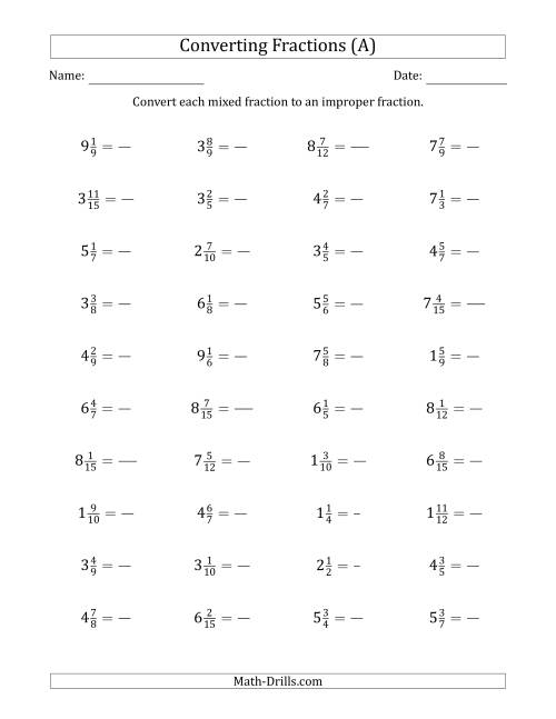 Converting Mixed Fractions to Improper Fractions (A)