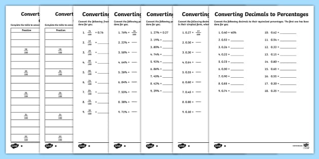 converting fractions decimals percentages worksheet