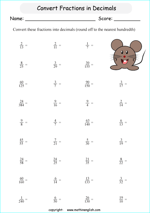converting fractions to decimals worksheet 6th grade