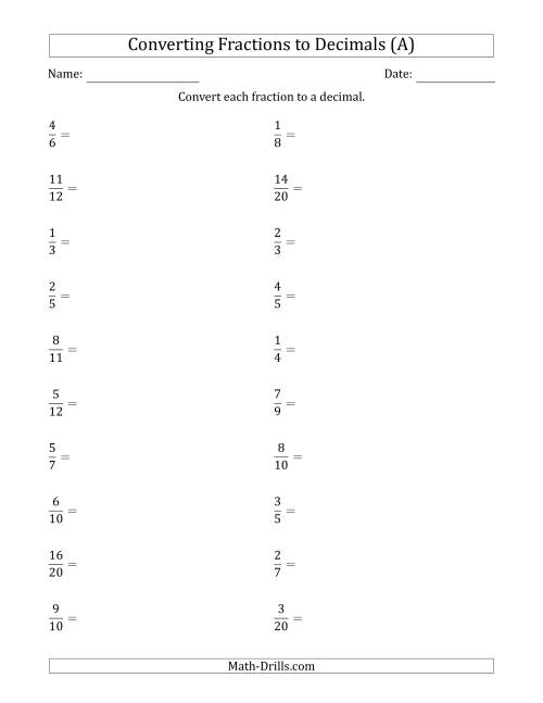 converting fractions to decimals worksheet 6th grade