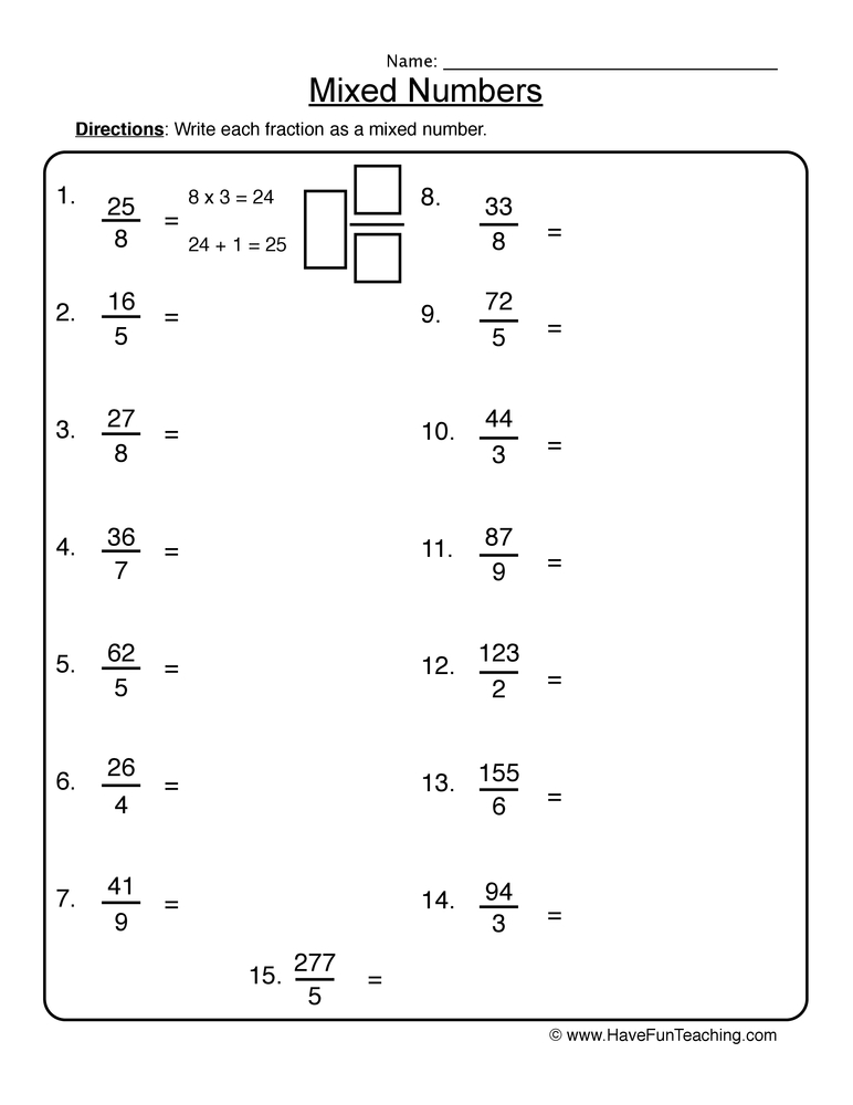 converting fractions to mixed numbers worksheet