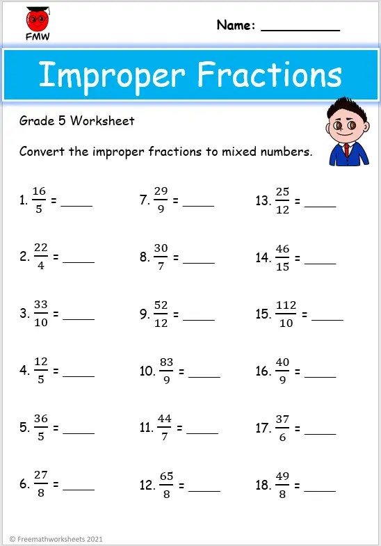 Grade 5 Improper Fractions Worksheets | Free Worksheets | Printables