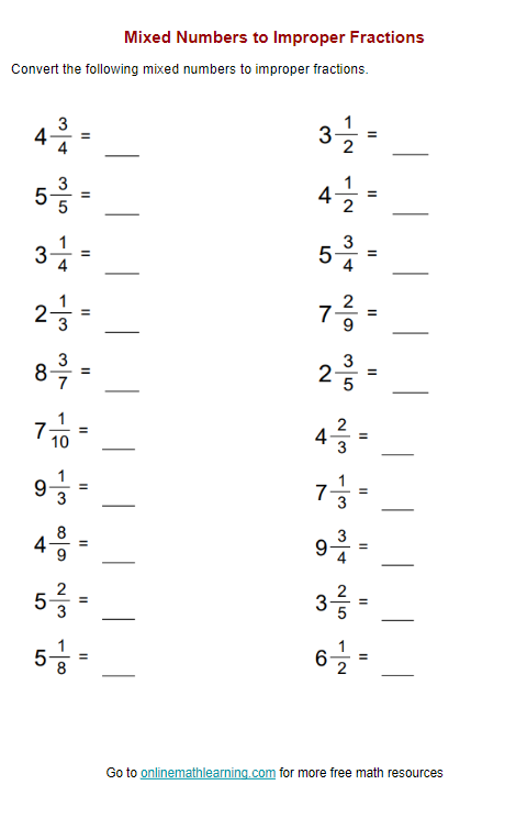 Mixed Numbers to Improper Fractions Worksheet (examples, answers ...
