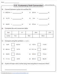 converting inches to feet worksheet