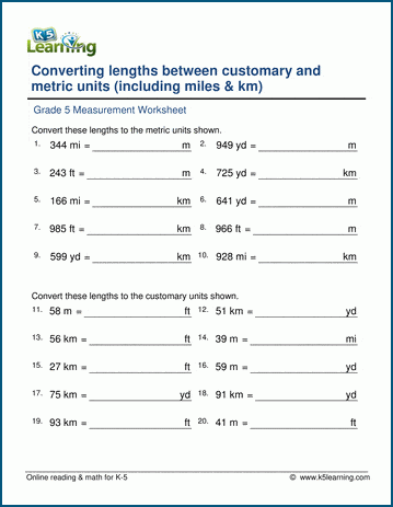 Grade 5 Worksheets: Convert units of length to/from the metric ...