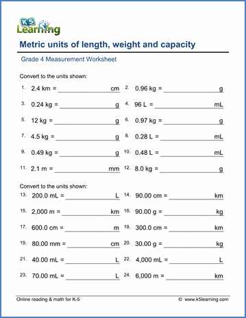 Grade 4 Math Worksheet: Convert lengths, weights and volumes ...