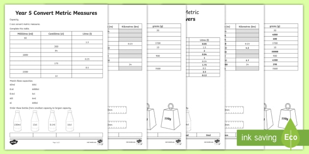 Year 5 Convert Metric Measures Worksheets (teacher made)