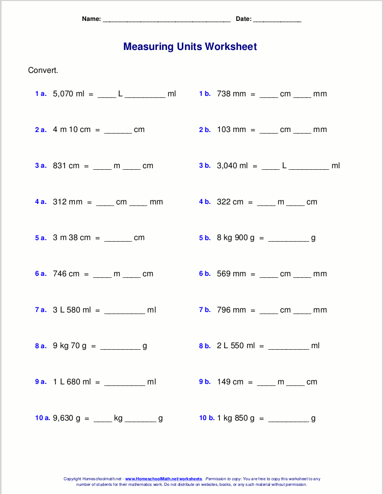 Metric measuring units worksheets