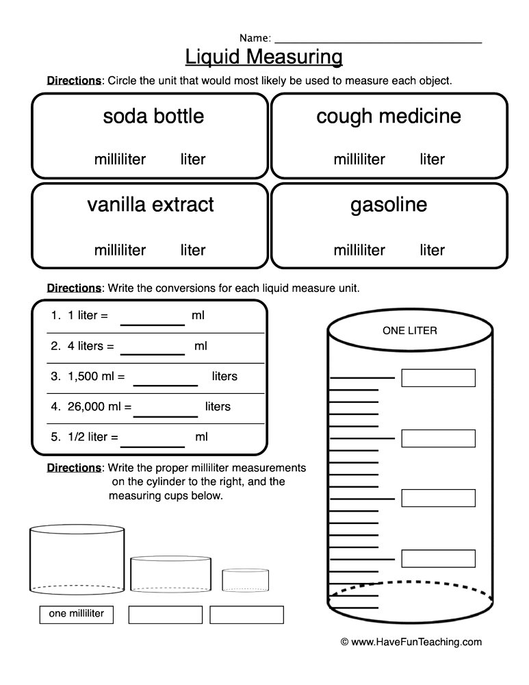 converting liters to milliliters worksheet