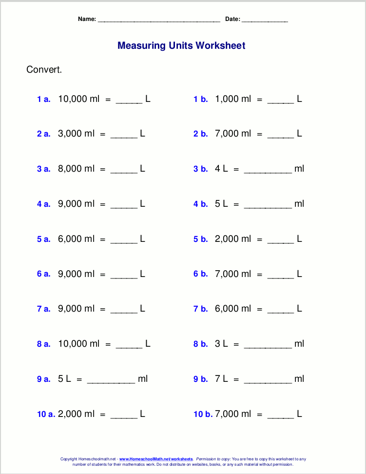 Free grade 4 measuring worksheets