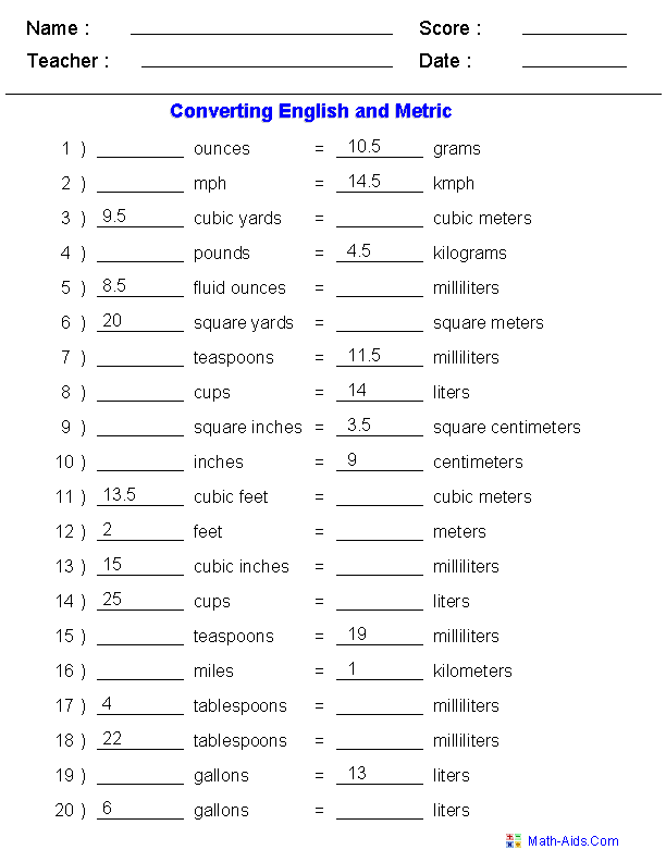 converting metric to standard worksheet