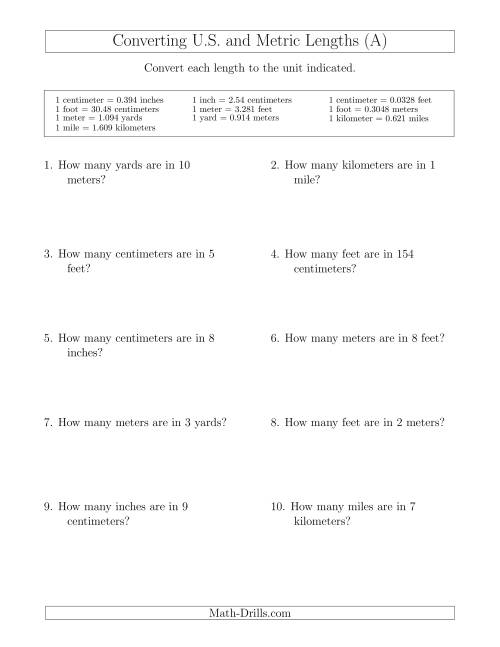 converting metric to standard worksheet