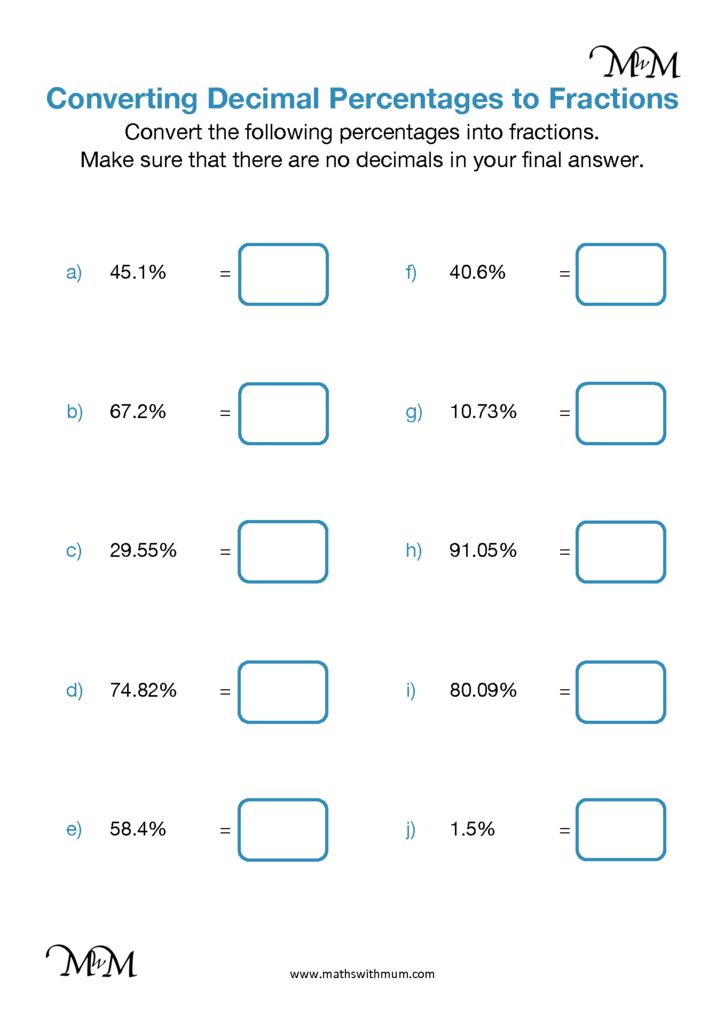 converting percents to fractions worksheet