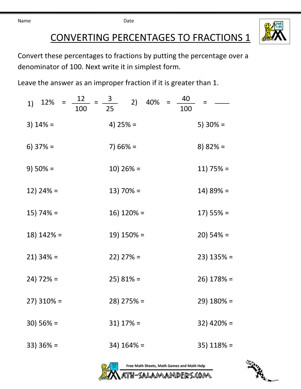 converting percents to fractions worksheet