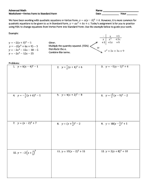 Advanced Math Worksheet Vertex Form To Standard Form Answer Key ...
