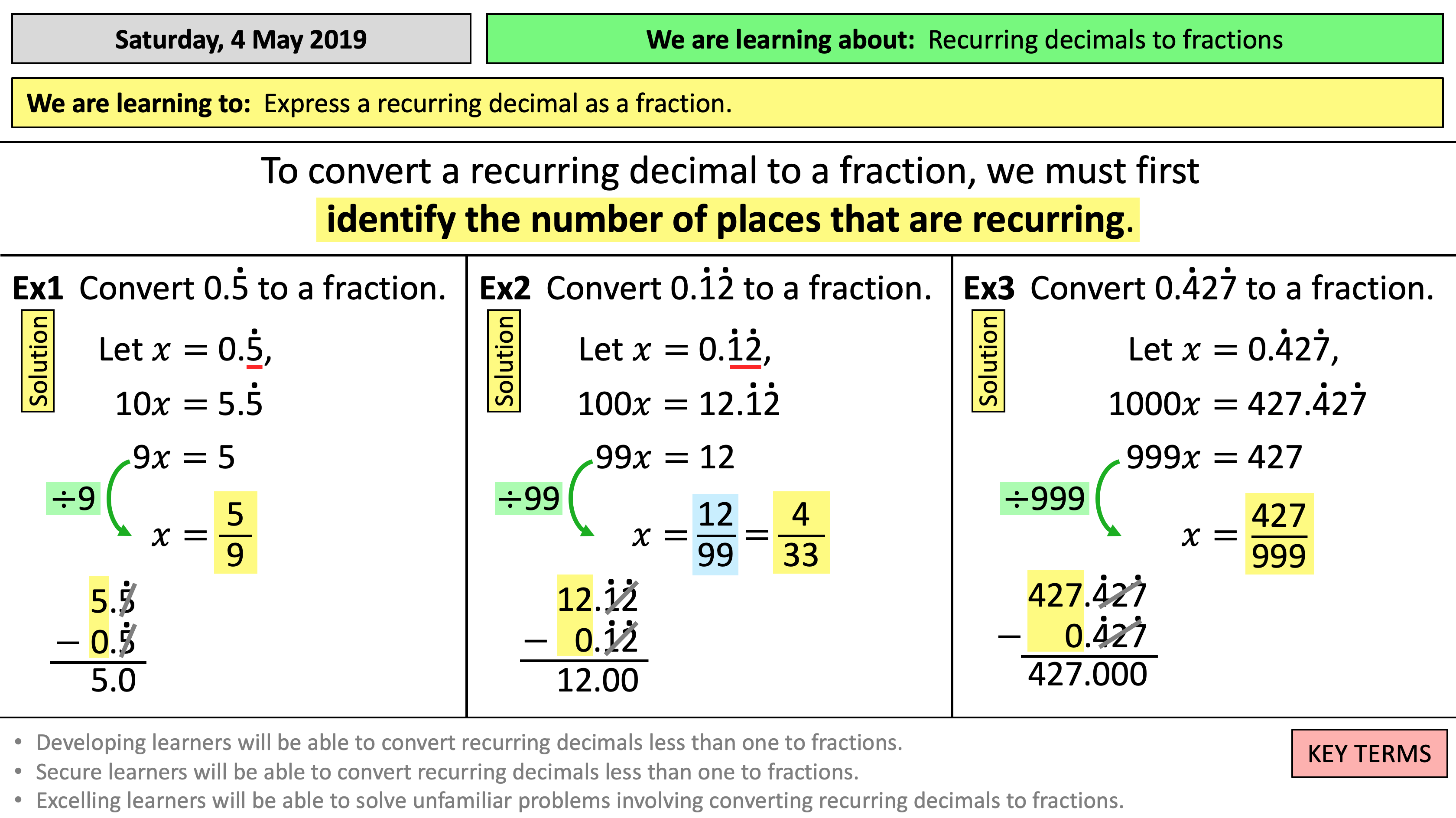 Recurring decimals to fractions  
