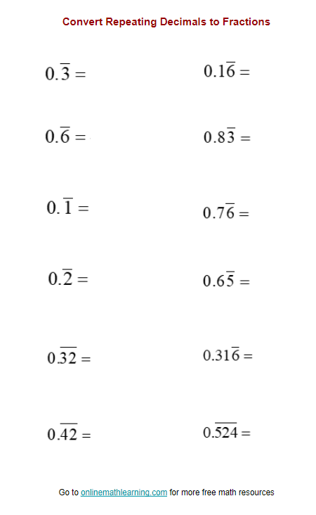 converting repeating decimals to fractions worksheet
