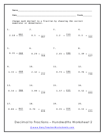 Converting Decimals to Fractions and Percentages Worksheets