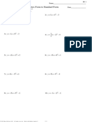 converting standard form to vertex form worksheet