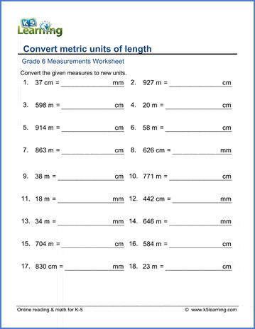 Grade 6 Math worksheet - Measurement: convert metric lengths | Worsheets library...