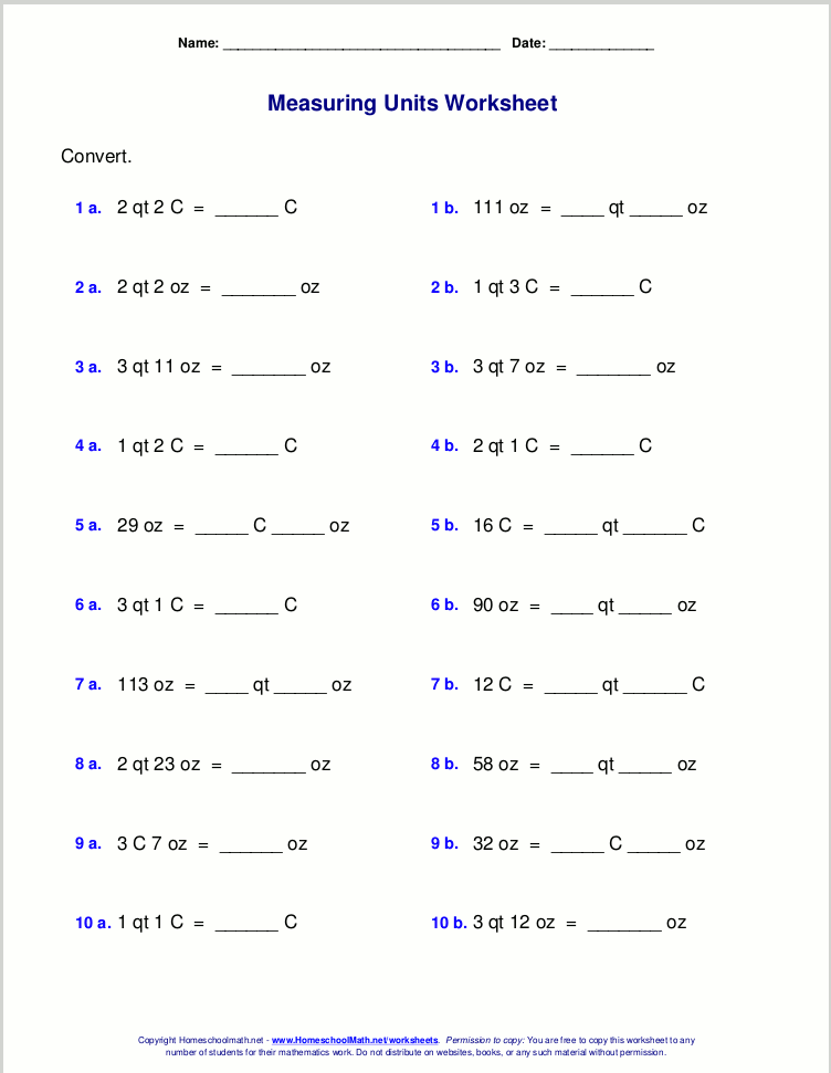 Customary measuring units worksheets