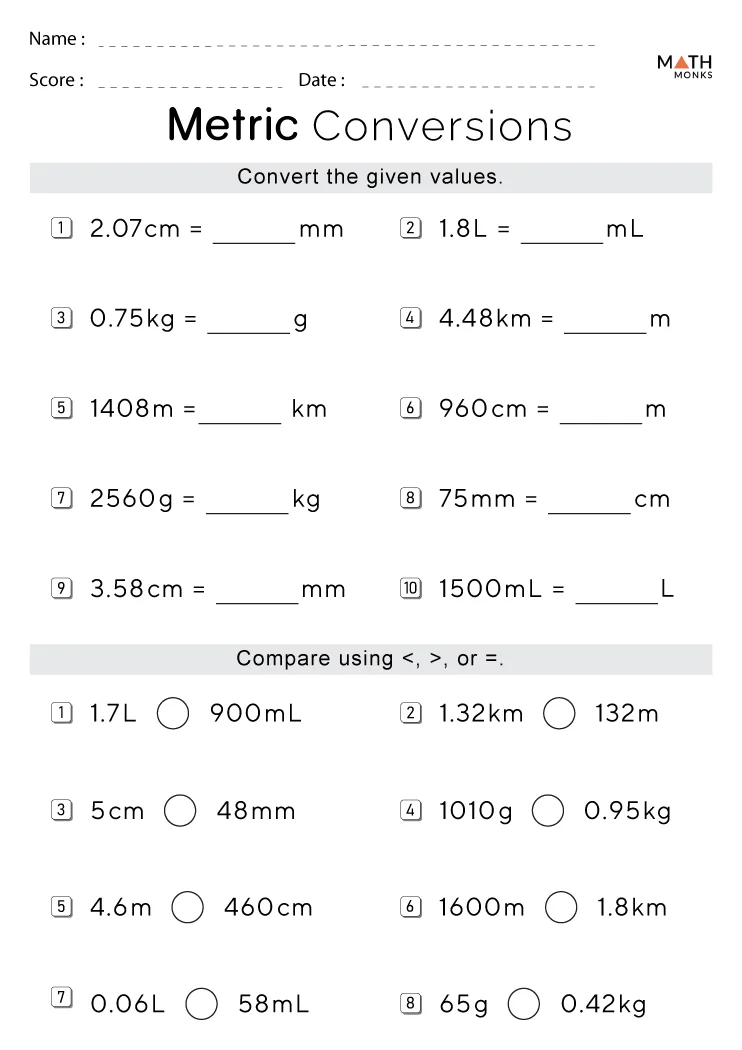 Metric Conversion Worksheets - Math Monks