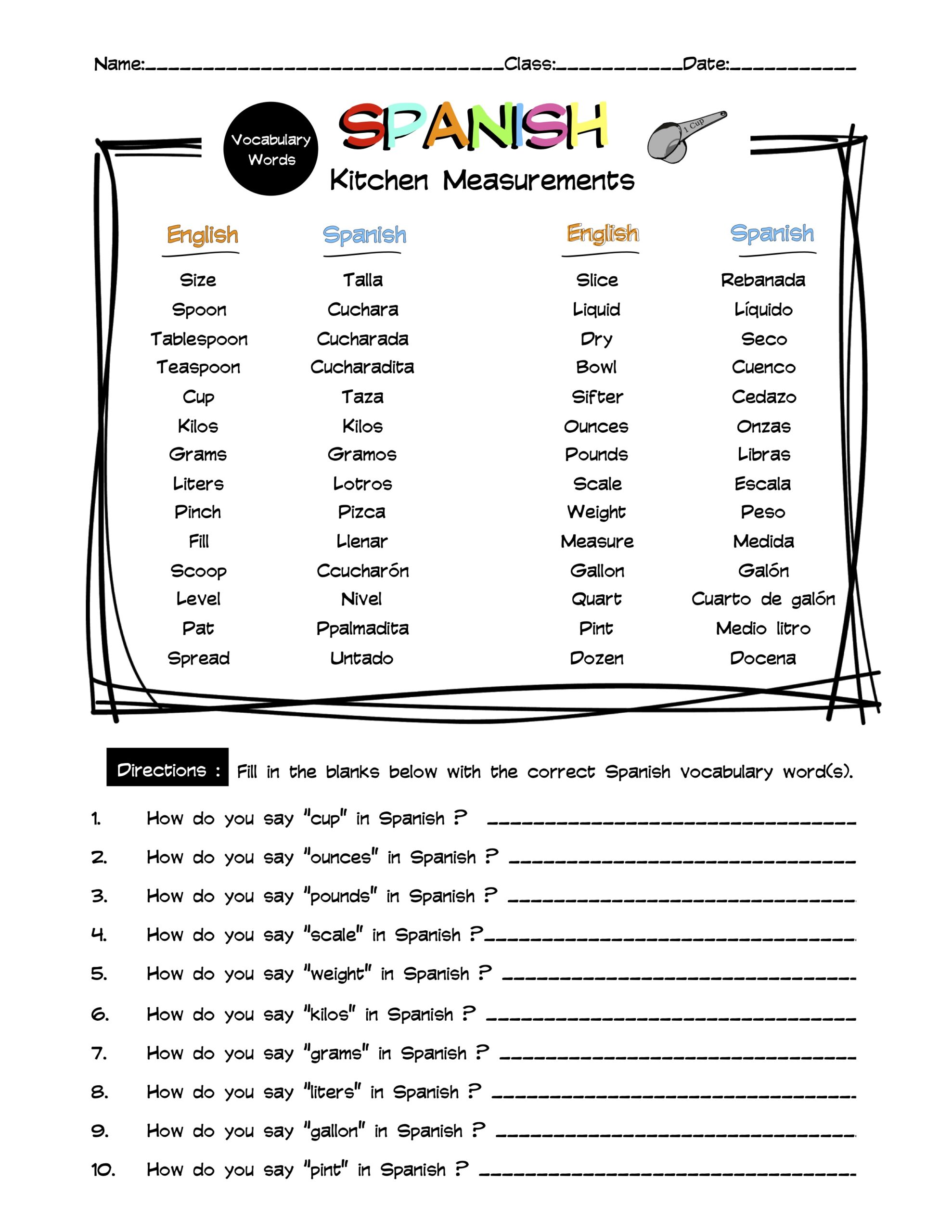 Spanish Kitchen Measurements Vocabulary Word List Worksheet ...