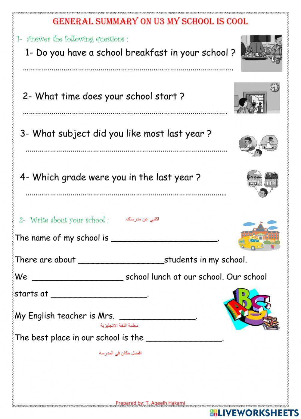General Summary on my school is cool worksheet  