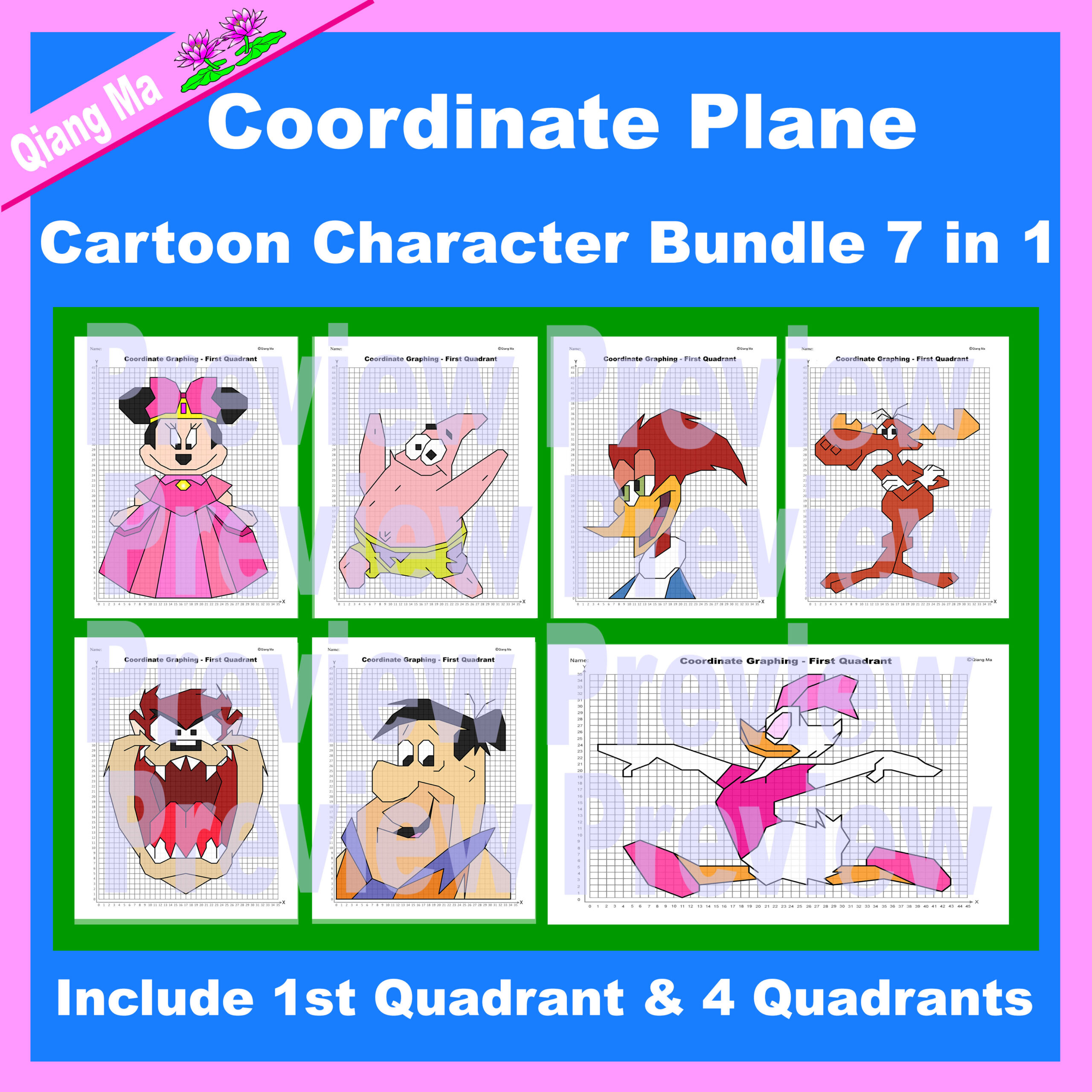 Cartoon Character Coordinate Plane Graphing Picture Bundle 7 in 1
